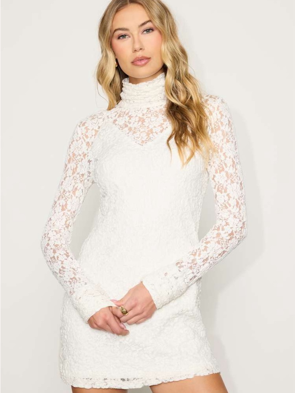 Women's White Lace Long-Sleeve High Neck Mini Dress